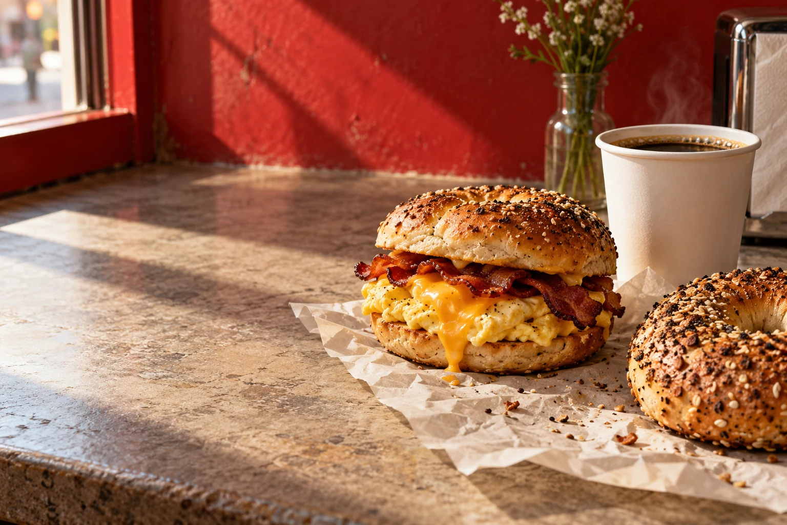 Illustrative breakfast sandwich, everything bagel and coffee on deli paper; not an actual Kuck’s product or portion.